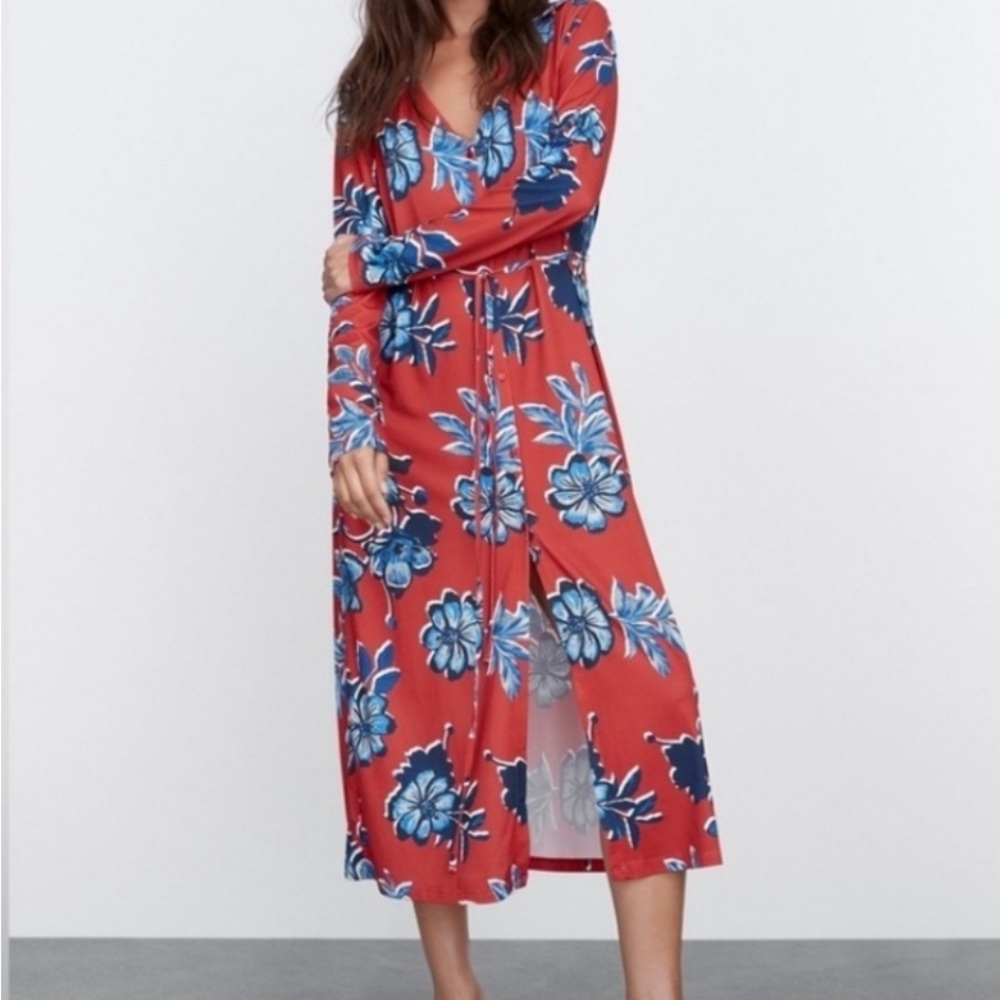 Zara Red and Blue Floral Midi Dress